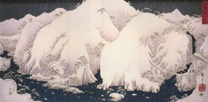 Hiroshige, Een rivier tussen besneeuwde bergen door Utagawa Hiroshige