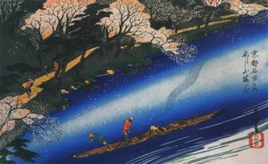 Hiroshige op een vlot op een rivier door Utagawa Hiroshige
