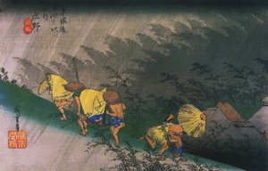 Hiroshige, Reizigers verrast door plotselinge regen door Utagawa Hiroshige