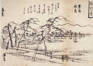 Hiroshige, Gezicht op een weg langs een meer door Utagawa Hiroshige