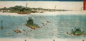 Hiroshige, Draaikolken op een rotsachtige kust door Utagawa Hiroshige