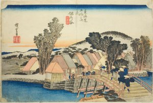 Hodogaya: Shinmachi Brug (Hodogaya, Shinmachibashi), uit de serie "Drieënvijftig Stations van de Tokaido Weg (Tokaido gojusan tsugi no uchi)," ook bekend als de Hoeido Tokaido