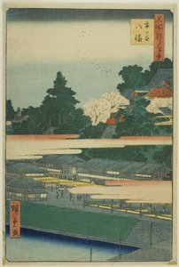 Ichigaya Hachiman Shrine (Ichigaya Hachiman), uit de serie "One Hundred Famous Views of Edo (Meisho Edo hyakkei)". door Utagawa Hiroshige
