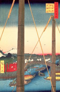 Inari brug en Minato heiligdom, Teppozu, plaat 77 uit de serie Honderd beroemde uitzichten van Edo, Edo Periode, Ansei Era, 1857