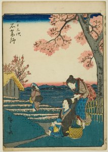 Ishiyakushi, uit de serie "Drieënvijftig Stations [van de Tokaido] (Gojusan tsugi)," ook bekend als de Figuren Tokaido (Jinbutsu Tokaido) door Utagawa Hiroshige
