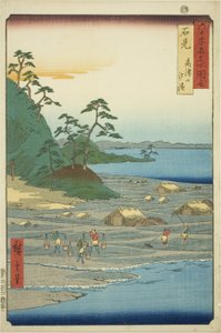 Iwami provincie: Zoutstranden bij Takatsu heuvel (Iwami, Takatsuyama shiohama), uit de serie "Beroemde plaatsen in de zestig-odd provincies (Rokujuyoshu meisho zue)" door Utagawa Hiroshige