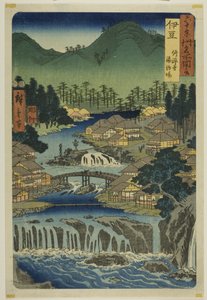 Provincie Izu: Hete bronnen van de Shuzen Tempel (Izu, Shuzenji tojiba), uit de serie "Beroemde plaatsen in de zestig provincies (Rokujuyoshu meisho zue)".