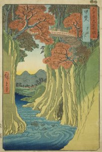 Kai Provincie: Apenbrug (Kai, Saruhashi), uit de serie "Beroemde plaatsen in de zestig-odd provincies (Rokujuyoshu meisho zue)" door Utagawa Hiroshige