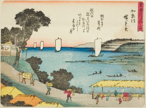 Kanagawa, uit de serie "Drieënvijftig Stations van de Tokaido (Tokaido gojusan tsugi)," ook bekend als de Tokaido met Gedicht (Kyoka iri Tokaido)