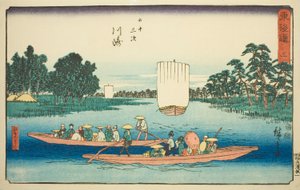 Kawasaki: De Rokugo-veerboot (Kawasaki, Rokugo no watashi)—Nr. 3, uit de serie "Drieënvijftig stations van de Tokaido (Tokaido gojusan tsugi)," ook bekend als de Reisho Tokaido door Utagawa Hiroshige