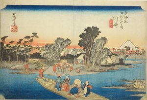 Kawasaki: De Rokugo-veerboot, uit de serie "Drieënvijftig stations van de Tokaido," ook bekend als de Hoeido Tokaido door Utagawa Hiroshige
