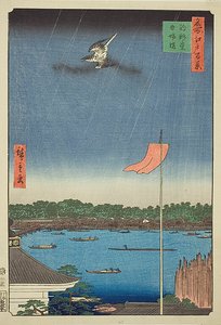 Komagata Hall en Azuma Bridge (Komagatado Azumabashi), nr.62 uit de serie "Honderd beroemde vergezichten van Edo (Meisho Edo hyakkei)". door Utagawa Hiroshige