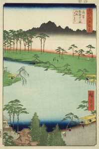 Kumano Junisha Heiligdom in Tsunohazu, Populair Bekend als Juniso (Tsunohazu Kumano Junisha, zokusho Juniso), uit de serie "Honderd Beroemde Uitzichten van Edo (Meisho Edo hyakkei)"