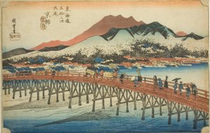 Kyoto: De grote brug bij Sanjo (Keishi, Sanjo ohashi), uit de serie "Drieënvijftig stations van de Tokaido (Tokaido gojusan tsugi no uchi)", ook bekend als de Hoeido Tokaido door Utagawa Hiroshige
