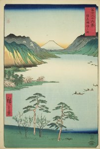 Meer Suwa in de provincie Shinano (Shinshu Suwa no mizuumi), uit de serie "Zesendertig gezichten op de berg Fuji (Fuji sanjurokkei)" door Utagawa Hiroshige