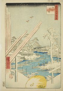 Houthandel in Fukagawa (Fukagawa kiba), uit de serie "Honderd Beroemde Zichten van Edo (Meisho Edo hyakkei)"