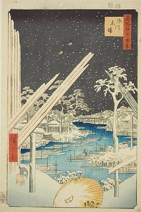 Houthakkers bij Fukagawa (Fukagawa kiba), met donkere lucht, nr.106 uit de serie "Honderd beroemde vergezichten van Edo (Meisho Edo hyakkei)".