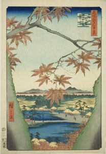 Esdoorns bij Mama, Tekona-schrijn en Tsugi-brug (Mama no momiji, Tekona no yashiro, Tsugihashi), uit de serie 