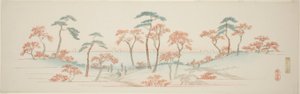 Esdoorns bij de Kaianji-tempel (Kaianji koyo), uit een ongetitelde serie van beroemde uitzichten van de buitenwijken van Edo door Utagawa Hiroshige