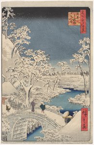 Schemering bij de Drumbrug in Meguro, uit de serie 100 Zichten op Beroemde Plaatsen in Edo door Utagawa Hiroshige