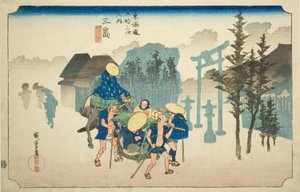 Mishima: Ochtendmist (Mishima, asagiri), uit de serie "Drieënvijftig stations van de Tokaido-weg (Tokaido gojusan tsugi no uchi)," ook bekend als de Hoeido Tokaido