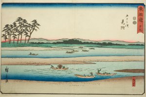 Mitsuke: Veerboten op de Tenryu-rivier (Mitsuke, Tenryugawa no funawatashi)—Nr. 29, uit de serie "Drieënvijftig Stations van de Tokaido (Tokaido gojusan tsugi)," ook bekend als de Reisho Tokaido