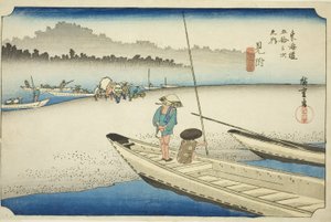 Mitsuke: Zicht op de Tenryu Rivier (Mitsuke, Tenryugawa zu), uit de serie "Drieënvijftig Stations van de Tokaido (Tokaido gojusan tsugi no uchi)," ook bekend als de Hoeido Tokaido