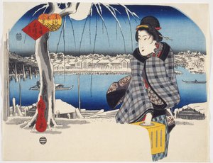 Maan na sneeuw bij Rygoku uit de serie Drie uitzichten op sneeuw op beroemde plaatsen in de oostelijke hoofdstad, ca. 1840