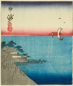 Ochtendmarkt bij Nihon Brug, deel van een blad uit de serie "Uitknipsels van Beroemde Plaatsen in Edo"
