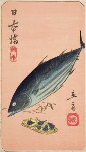 Ochtendmarkt bij Nihon-brug, deel van een blad uit de serie "Uitknipsels van beroemde plaatsen in Edo"