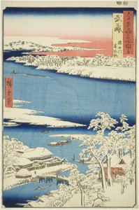 Musashi Provincie: Ochtend na sneeuw op de Sumida Rivier (Musashi, Sumidagawa yuki no ashita), uit de serie "Beroemde plaatsen in de zestig-odd provincies (Rokujuyoshu meisho zue)" door Utagawa Hiroshige