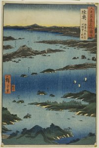 Provincie Mutsu: Uitzicht op Matsushima met in de verte de berg Tomi (Mutsu, Matsushima fukei, Tomiyama chobo no ryakuzu), uit de serie "Beroemde plaatsen in de ongeveer zestig provincies (Rokujuyoshu meisho zue)".