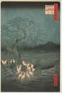 Oudejaarsavond Vossen Vuren bij de Veranderende Boom (Ōji shozoku enoki omisoka no kitsunebi), uit de serie Honderd Beroemde Zichten van Edo (Meisho Edo hyakkei) door Utagawa Hiroshige
