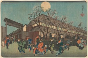 Nachtprocessie onder kersenbloesems langs de Nakanochō in Shin Yoshiwara door Utagawa Hiroshige