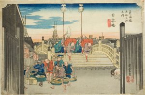 Nihon Brug: Ochtendscène (Nihonbashi, asa no kei), uit de serie "Drieënvijftig stations van de Tokaido-weg (Tokaido gojusan tsugi no uchi)," ook bekend als de Hoeido Tokaido