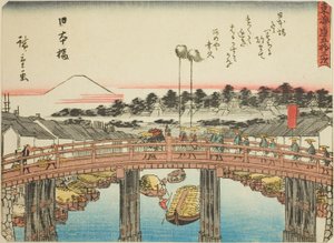 Nihonbashi, uit de serie "Drieënvijftig Stations van de Tokaido (Tokaido gojusan tsugi)," ook bekend als de Tokaido met Gedicht (Kyoka iri Tokaido) door Utagawa Hiroshige