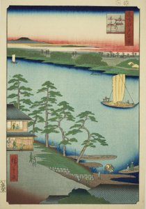 Niijuku veerboot (Niijuku no watashi), uit de serie "Honderd beroemde uitzichten van Edo (Meisho Edo hyakkei)" door Utagawa Hiroshige