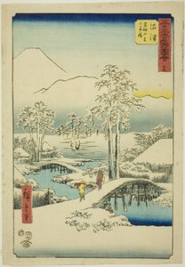 Numazu: Mount Fuji en Mount Ashigara bij helder weer na sneeuw, nr. 13, uit de serie "Beroemde bezienswaardigheden van de drieënvijftig stations (Gojusan tsugi meisho zue)," ook bekend als de Verticale Tokaido