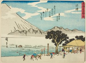 Numazu, uit de serie "Drieënvijftig Stations van de Tokaido (Tokaido gojusan tsugi)," ook bekend als de Tokaido met Gedicht (Kyoka iri Tokaido)