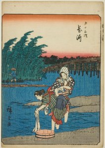 Okazaki, uit de serie "Drieënvijftig Stations [van de Tokaido] (Gojusan tsugi)," ook bekend als de Figuren Tokaido (Jinbutsu Tokaido)