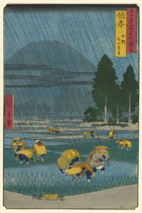 Ono, Ver Uitzicht op de Berg Daisen in de Hoki Provincie (Hoki, Ono, Daisen enbo), uit de serie "Beroemde Plaatsen in de Zestig-iets Provincies (Rokujuyo-shu meisho zue)" door Utagawa Hiroshige