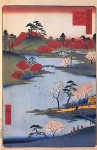 Open Tuin bij het Hachiman-heiligdom in Fukagawa. Honderd Beroemde Zichten van Edo, ca. 1858