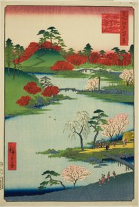 Opening van de tuin bij de Fukagawa Hachiman-schrijn (Fukagawa Hachiman yamabiraki), uit de serie "Honderd beroemde zichten van Edo (Meisho Edo hyakkei)" door Utagawa Hiroshige