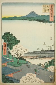 Otsu: Ver uitzicht op Otsu en het meer vanaf de Kannon Hal van de Mii Tempel (Otsu, Miidera Kannondo yori Otsu no machi kosui chobo), nr. 54 uit de serie "Beroemde bezienswaardigheden van de drieënvijftig stations (Gojusan tsugi meisho zue)" door Utagawa Hiroshige