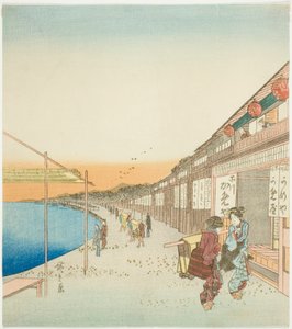 Voetgangers en winkels bij de haven van Shinagawa