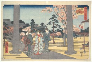 Mensen die het Hachiman Heiligdom Bezoeken: Honderd Beroemde Zichten van Edo door Utagawa Hiroshige