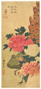 Pioenrozen en pauw door Utagawa Hiroshige