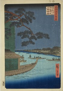 Pijnboom van Succes en Oumayagashi, Asakusa Rivier (Asakusagawa Shubi no matsu Oumayagashi), uit de serie "Honderd Beroemde Uitzichten van Edo (Meisho Edo hyakkei)" door Utagawa Hiroshige