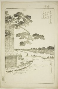 Pijnboom van succes en Oumayagashi, Asakusa-rivier (Asakusagawa shubi no matsu Oumayagashi), uit de serie "Honderd beroemde uitzichten van Edo (Meisho Edo hyakkei)" door Utagawa Hiroshige