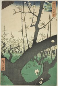 Pruimentuin in Kameido (Kameido Umeyashiki), uit de serie "Honderd Beroemde Zichten van Edo (Meisho Edo hyakkei)" door Utagawa Hiroshige